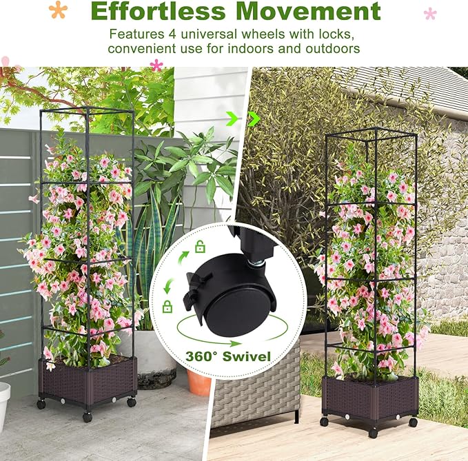 Giantex Raised Garden Bed with Tomato Cages, 67” Adjustable Height, Self Watering Planter Garden Box with Wheels, Trellis for Climbing Plants Vegetable Flower