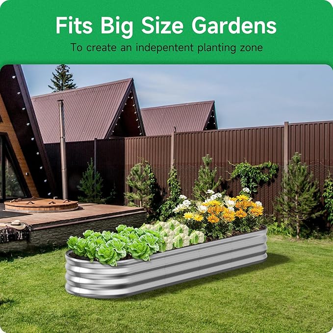 GreatBuddy Galvanized Raised Garden Bed 8×2×1ft, Easy Assembly Outdoor Metal Planter Boxes for Vegetables, Flower, Herb, Anti-Rust& Weather-Resistant, Oval, Silver