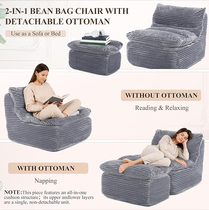 Boneless Chaise Lounge Chair Indoor, Adult Bean Bag Chair with Compressed Memory Foam, Comfy Back Support Sofa Bed Couch for Living Room Bedroom Office Apartment, No Assembly