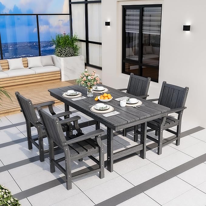 Pamapic 5-Piece Outdoor Dining Set, HDPE Outdoor Rectangular Table and 4 Chairs, Wood Grain Patio Furniture Sets with Armrest, All-Weather Patio Dining Table with Umbrella Hole, Gray