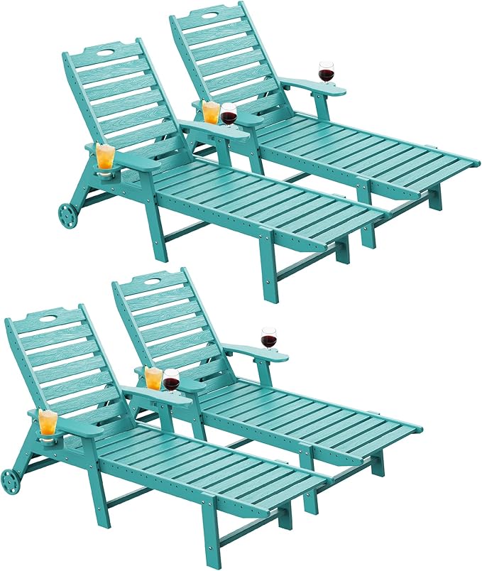 Carauci Lounge Chair Outdoor Set of 4, HDPE Chaise Lounge with Wheels, 5-Position Adjustable Backrest & 2 Cup Holders Patio Lounge Chair, All-Weather Pool Sun Lounger for Poolside, Backyard, Lake Blue