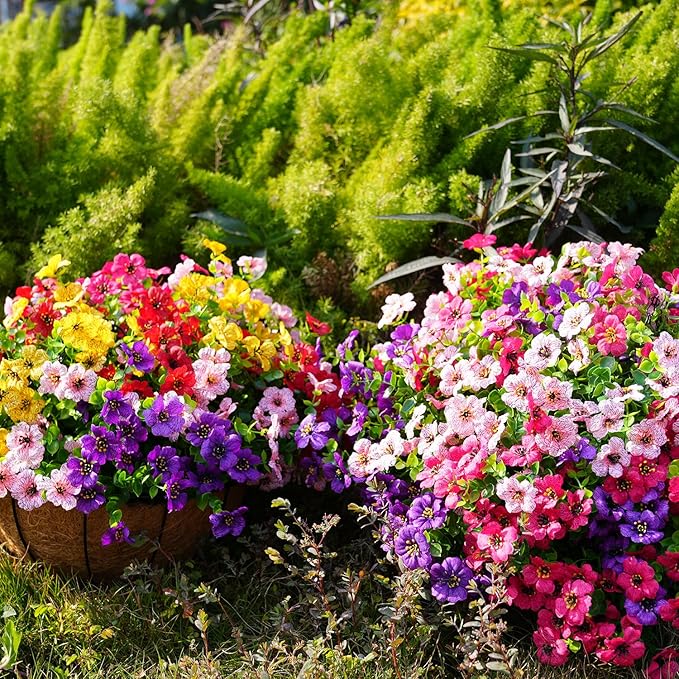 Artificial Flowers for Outdoor, UV Resistant Fake Silk Flowers, Realistic Faux Plants for Outside Indoor Porch Patio Window Box Planter Home Decor (14, Purple Rosy Pink)