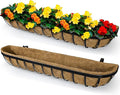 36 x 7 x 8 inches Outdoor Black Metal Planter Box, 2 Pieces with Coconut Liner, Large Hanging Window Flower Boxes for Indoor Outdoor Deck Balcony Rail Fence Porch