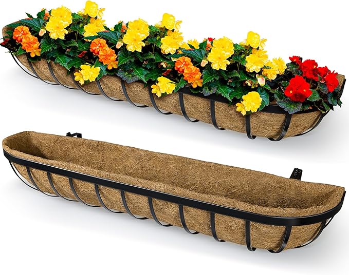 36 x 7 x 8 inches Outdoor Black Metal Planter Box, 2 Pieces with Coconut Liner, Large Hanging Window Flower Boxes for Indoor Outdoor Deck Balcony Rail Fence Porch