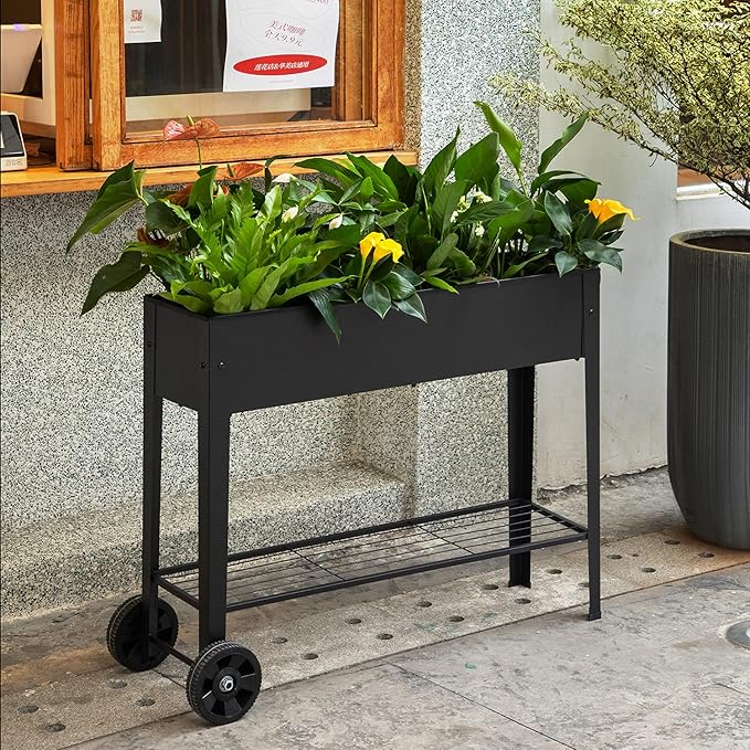 Piksedo Raised Garden Bed, Elevated Planter Metal Plant Box with Wheels with Legs Standing Garden Stand Drainage Holes Frosted Black