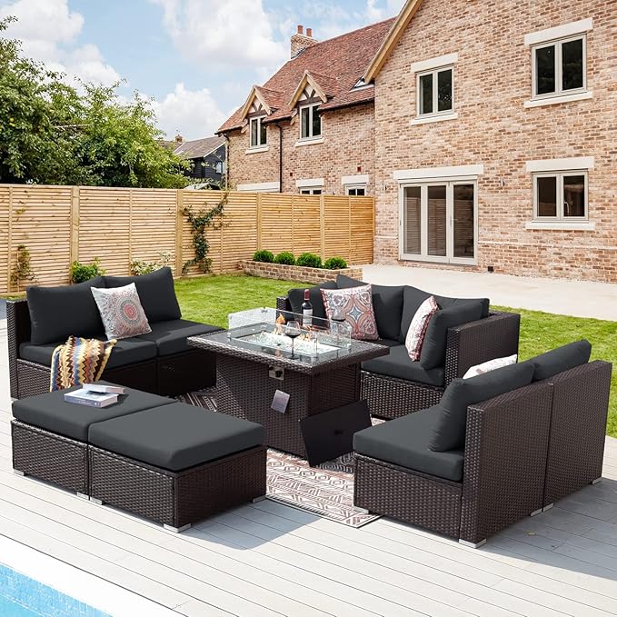 NICESOUL 8 Seat Extra Large Patio Furniture Set with Firepit Table Natural Gas/Propane, 29.3'' High-Back Luxury Outdoor Sectional Conversation Sets for 6 People, Brown Rattan and Dark Grey Cushion