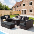 NICESOUL 8 Seat Extra Large Patio Furniture Set with Firepit Table Natural Gas/Propane, 29.3'' High-Back Luxury Outdoor Sectional Conversation Sets for 6 People, Brown Rattan and Dark Grey Cushion