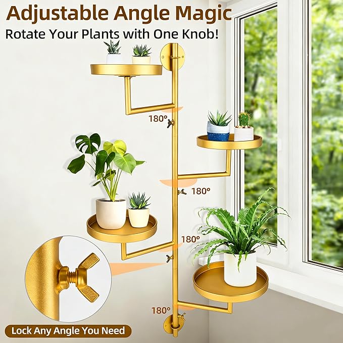 Rotating Window Plant Shelves with Adjustable Knobs, 4 Tiers Metal Wall Shelf for Plants Indoor, Sturdy Hanging Plant Holder, Window Wall Decor & Gardening Gifts (Golden)
