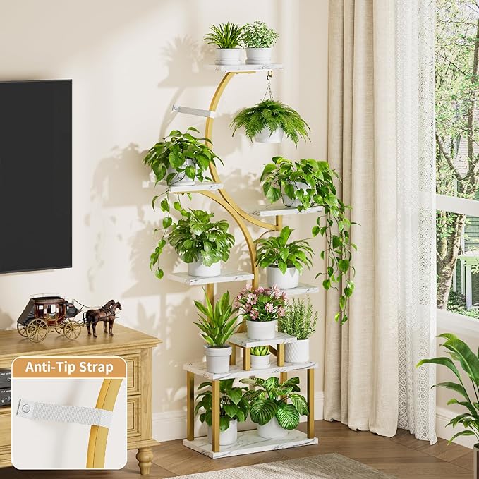 Plant Stand Indoor with Grow Lights - 62" Tall Plant Shelf, Lighted Corner Plant Stands for Indoor Growing, 8 Tiered Large Flower Holder, S-Shaped Plants Rack for Living Room, Bedroom, Faux Marble