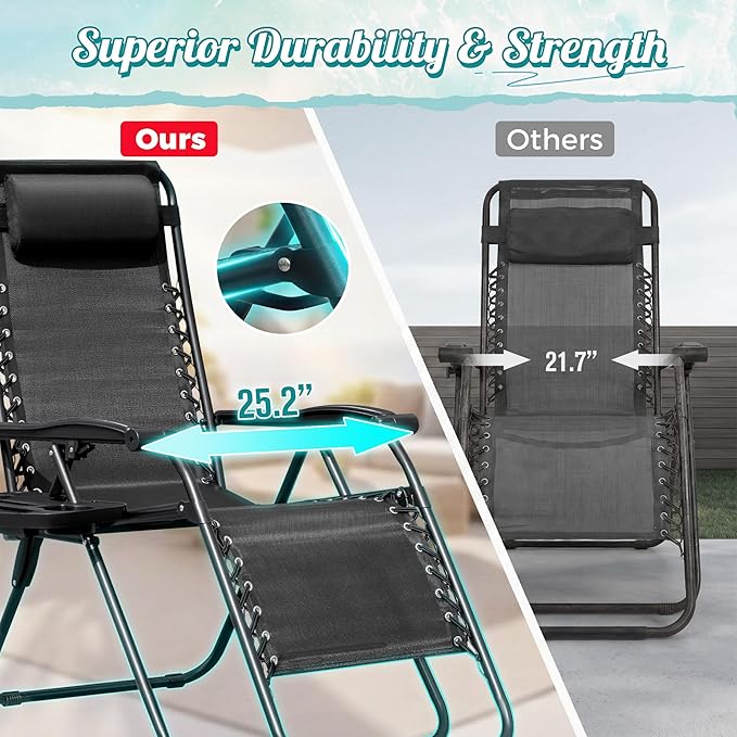 Homall Zero Gravity Chair Patio Folding Lawn Lounge Chairs Outdoor Lounge Gravity Chair Camp Reclining Chair with Pillows for Poolside Backyard and Beach Set of 2 (Dark Black)
