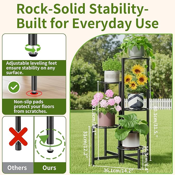Plant Stand Indoor Outdoor, 5 Tier Corner Metal Flower Display Holder Stand, Folding Tall Plant Rack for Patio Balcony Porch Garden Living Room House, Heavy Duty Wrought Iron Plant Shelf - BlackS