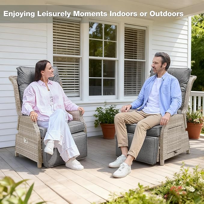 Outdoor Recliner with Adjustable Back and Footrest, Patio 150° Lay Flat Recliner with Flip Table Wicker Reclining Lounge Chair, Grey with Beige Wicker