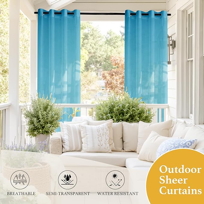 RYB HOME Waterproof Outdoor Curtains - Linen Like Translucent Breathable Sheer Curtains, Quick Dry Easy Slide Draperies for Backyard Patio Verandas, W 54" x L 84", 2 Pieces, Teal