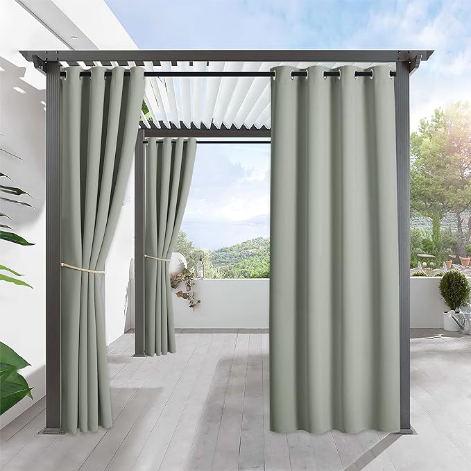 RYB HOME Outdoor Curtains for Patio Waterproof Block Sunlight Thermal Insulated Privacy Assured Thick Outside Curtains for Porch, Gazebo, Pergola, W52 x L84, Sea Green, 1 Panel