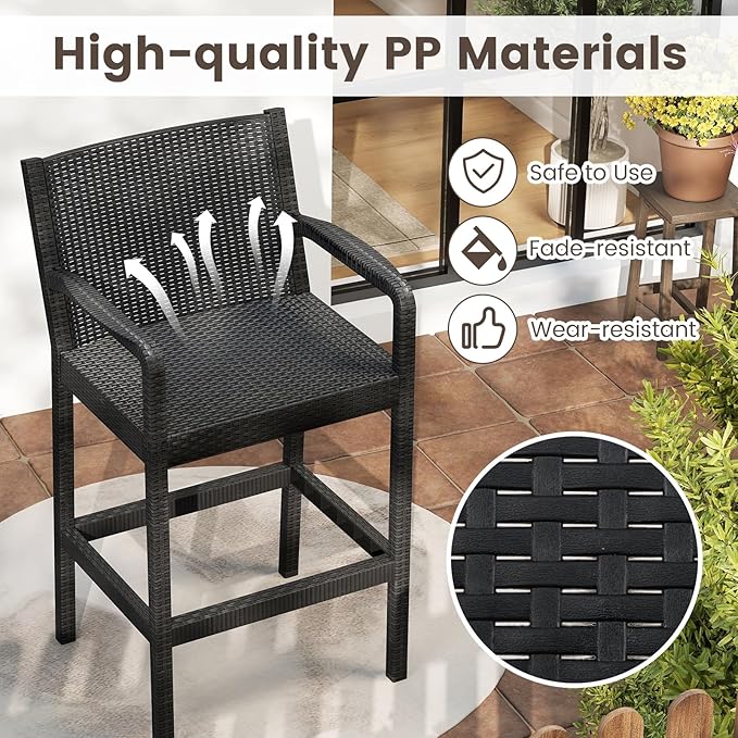 COSTWAY 3 Pieces Patio Bar Set, Modern Outdoor Bistro Set with 2 Chairs and 1 Square Bar Table, Curved Backrest and Armrests, Metal Frame, for Garden, Balcony, Poolside, Black