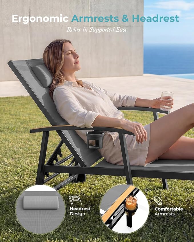 Ciokea Outdoor Lounge Chair with Pillow Set of 4, 5-Position Chaise Lounge with Wheels & Armrests, 400 lbs Heavy Duty Aluminum Pool Lounge Chairs, for Beach, Deck, Poolside & Backyard, Grey