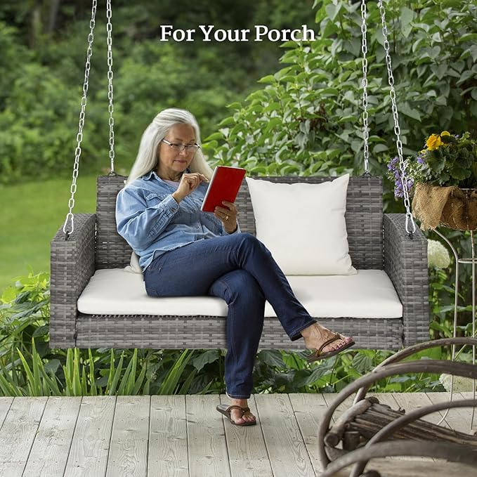 VINGLI Heavy Duty 800 LBS Wicker Hanging Porch Swing with Cushions & Chains, 4FT Outdoor Rattan Swing Bench for Garden, Yard, Lawn (Grey+White)