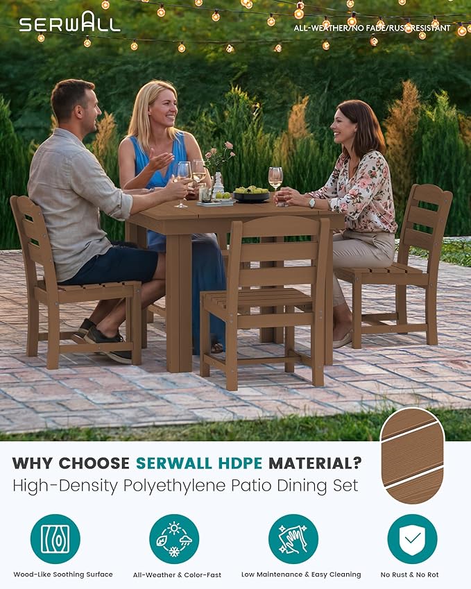 SERWALL Outdoor Dining Set for 4, HDPE Square Table and Chairs Set All Weather Patio Dining Set with 4 Armless Chairs for Patio, Brown