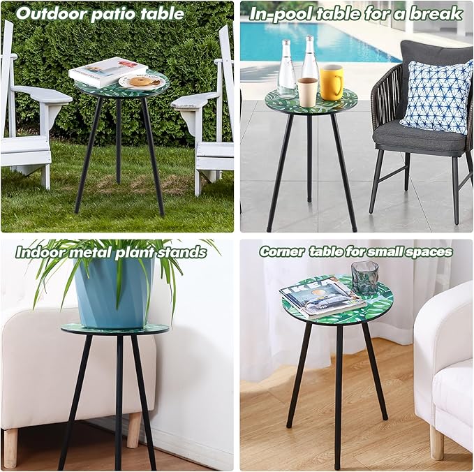 Metal Outdoor Side Tables Set of Two Small Outside Round End Table for Patio Modern Accent Garden Corner Table for Small Spaces, Balcony, Porch, Weather-Resistant, Plant Stand Indoor, Green Leaves