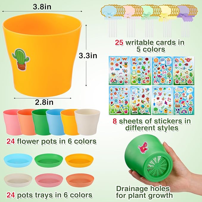 Durable Resin Garden Pot Craft Kit for Kids- 24 Pack Colorful Flower Plant Spring Crafts with Super-adhesive Stickers & Blank Labels School Activities Growing Kit for Classroom Home DIY Gift 4+ years