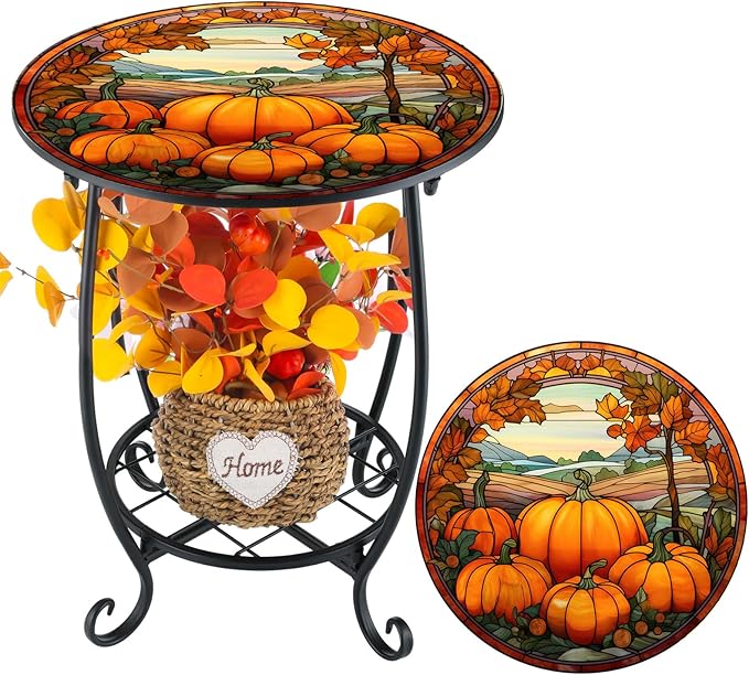 Outdoor Side Table Round Small Mosaic Patio Accent Indoor End Plant Coffee Tea Table for Yard Patio Porch Garden Living Room, Bedroom(Pumpkin Style,14 Inch)
