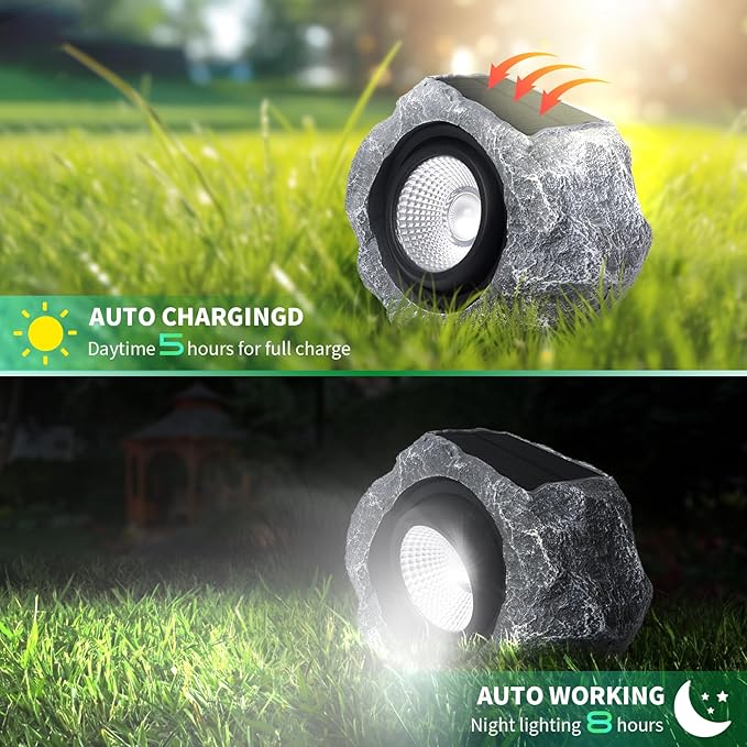 4 Pack Solar Rock Lights Outdoor, Angle Adjustable Solar Lights Outdoor Waterproof, LED Solar Garden Lights, Auto On/Off Landscape Lighting for Yard Pathway Patio Flower Bed - White Glow (Stone Gray)