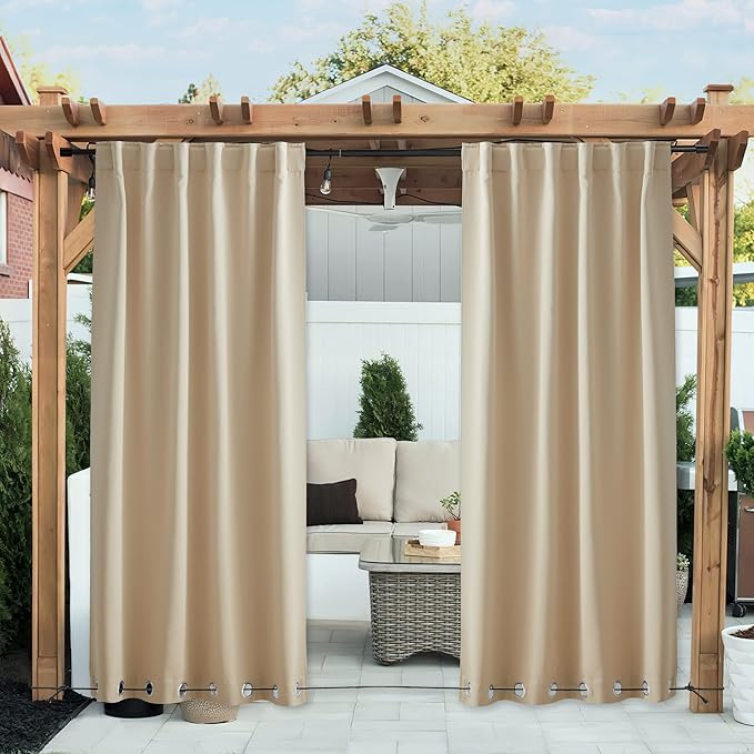 NICETOWN 2 Panels Outdoor Patio Curtains Windproof & Waterproof, Top & Bottom Grommet & Back Tab Light Blocking Drapes Keep Privacy for Yard/Porch with Ropes for Fixed, Biscotti Beige, W52 x L72
