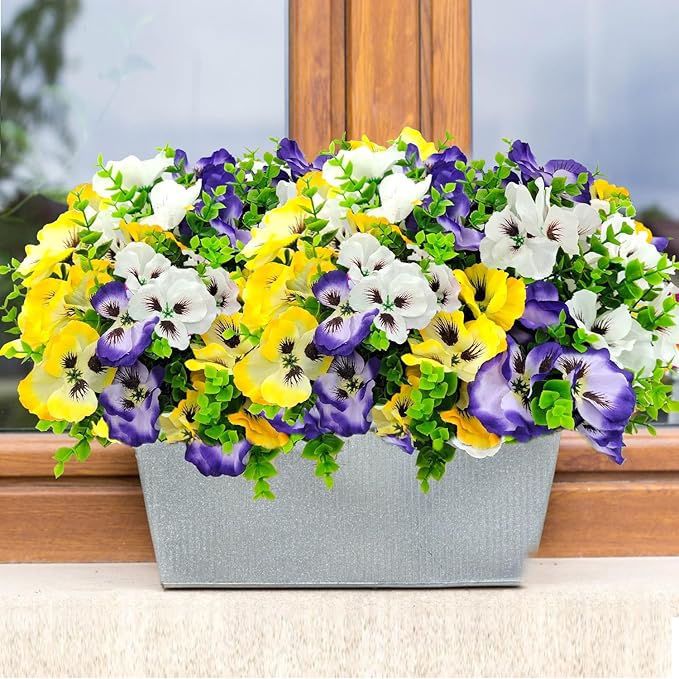 Pansies Artificial Flowers for Outdoors UV Resistant 12 Bundles Silk Pansy Plastic Fake Plants Flowers for Home Outside Garden Window Box Patio Planter Porch Decor (Mixed Color2)