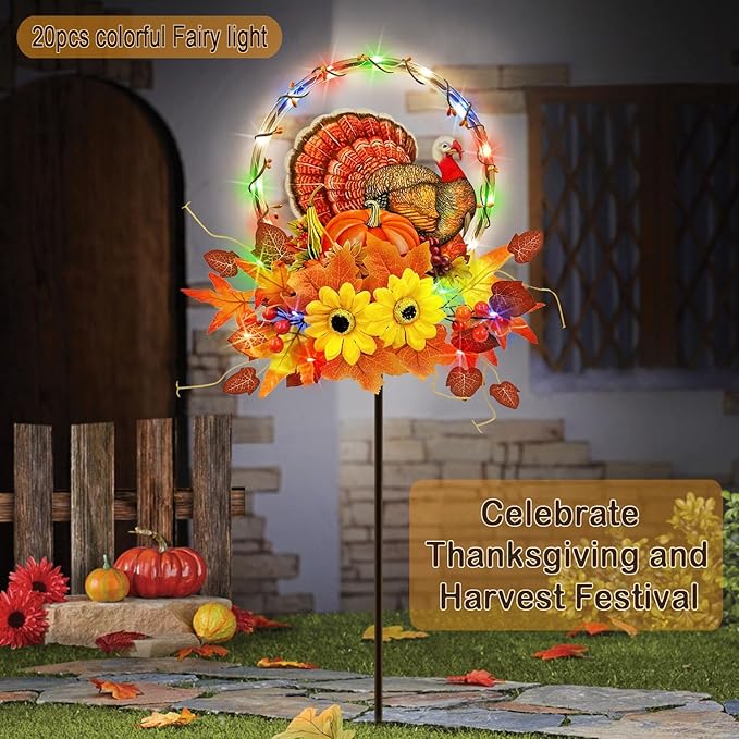 Solar Thanksgiving Turkey Outdoor Decor with Multi-Colorful Lights,Fall Yard Sign Garden Stake for Pathway,Patio or Farmhouse Porch