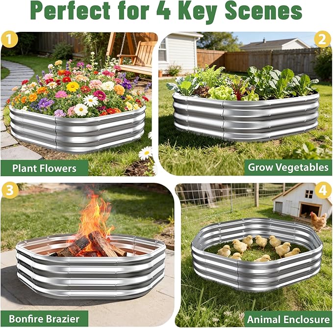 Hexagon Raised Garden Bed, 48 Inch Diagonal & 12 Inch Tall, Galvanized Steel Planter Box with Wave-Shaped Metal Panels for Outdoor Flower,Tree,Herb & Vegetable Garden (Silver, 4FT X 1FT)