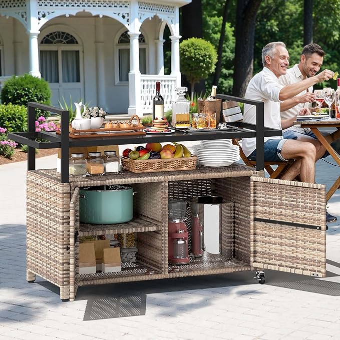 DWVO XL Outdoor Storage Cabinet,Patio Storage Table with Glass Top, Bar Table with Wheels,Outdoor Bar Cart for Patio, Poolside and Backyard,Light Brown