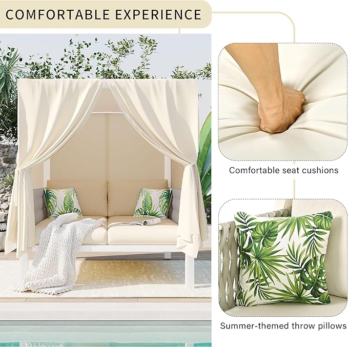 Merax Outdoor Patio Daybed with Soft Thick Cushions, Two Pillows and Curtains, Double Chaise Lounge Sunbed with Rubber Core Rope Backrest for Outside Pool,Garden,Backyard,Lawn, Beige