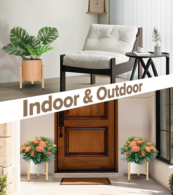 Plant Stand Indoor Adjustable, Metal Modern Indoor Plant Stand, Heavy Duty Plant Stands Outdoor Corner, Stable Plant Holder, Fits 8 to 12 Inches Pots, Black, 1 Pack, Natural Wood-Grain