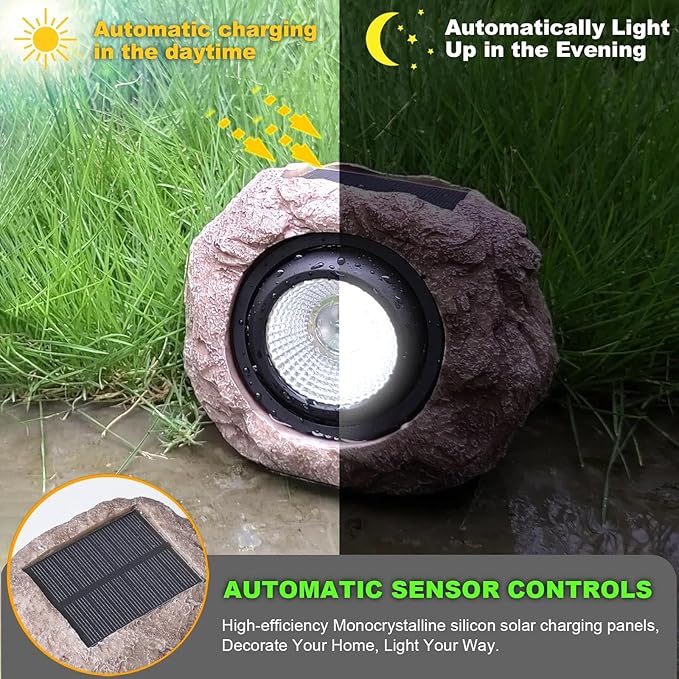 Solar Rock Lights Outdoor Garden Waterproof - Super Bright LED Solar Spotlights, Solar Powered Landscape Path Decorative Garden Stone Lights for Pathway, Walkway, Yard, Patio (2 Pack)