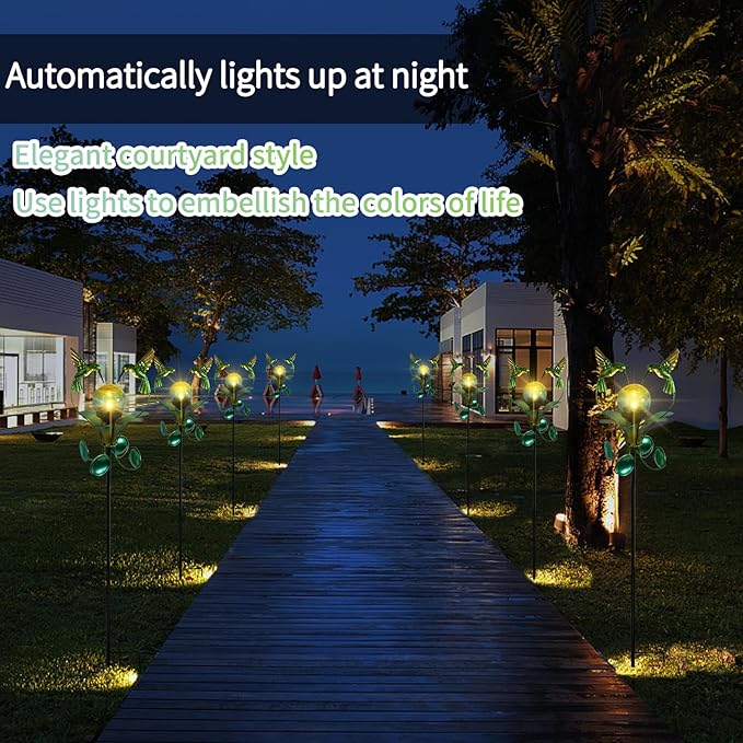 Solar Lights Outdoor Metal Garden Stake Waterproof Crackle Glass Globe Garden Decor Green Hummingbird for Pathway, Lawn, Patio, Yard
