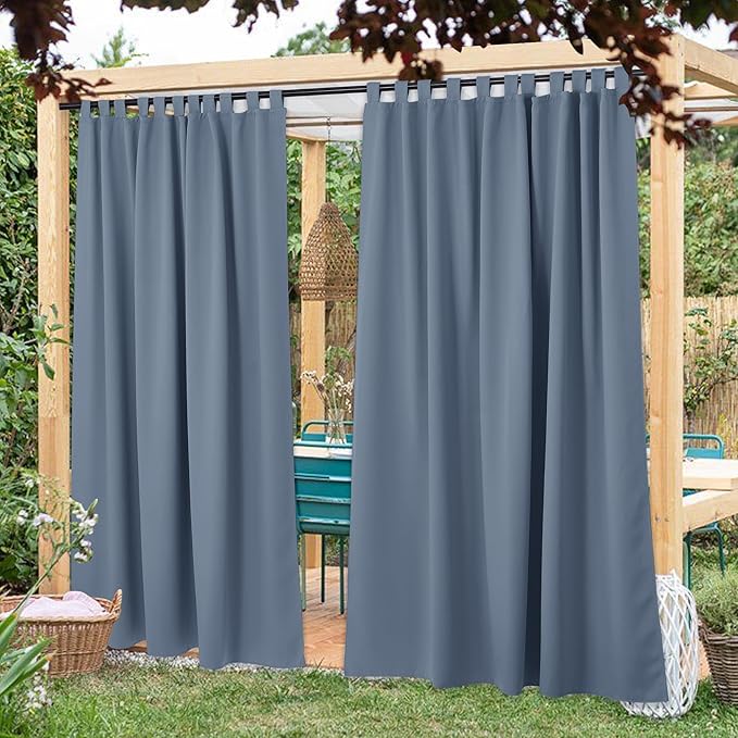 NICETOWN 2 Panels Outdoor Curtainss for Patio Waterproof Extra Wide, Detachable Tab Top Room Darkening Indoor Outdoor Slider Sun & Cold Block for Gazebo/Balcony, Stone Blue, W84 x L84