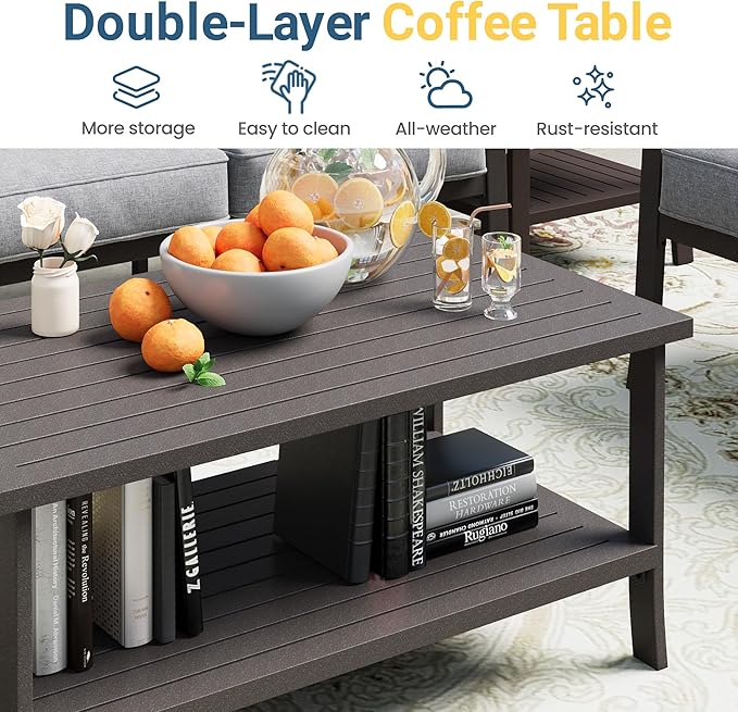 RoyalCraft 3 Seats Outdoor Patio Furniture Set, Outdoor Metal Sectional Furniture with Cushions, Outdoor Conversation Set with Coffee Table for Balcony, Backyard, Garden, Deck, Grey