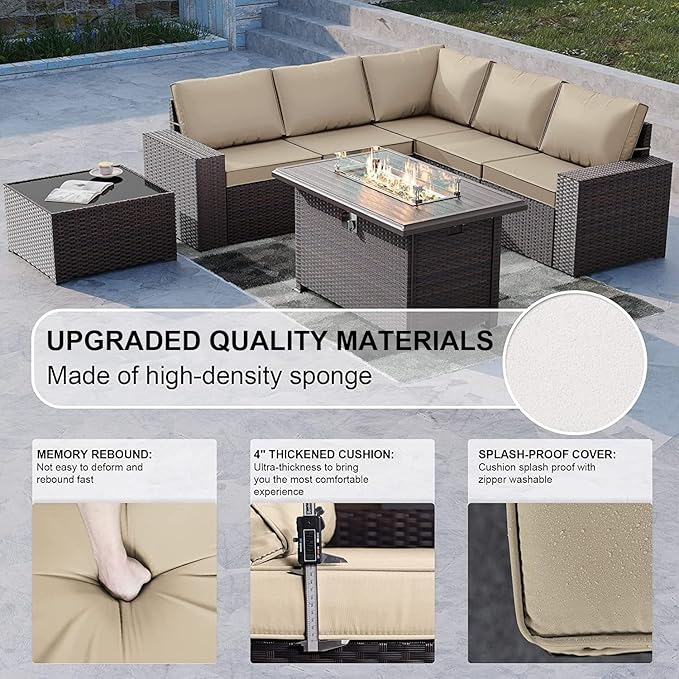 Kullavik 7 Pieces Outdoor Patio Furniture Set with 43" 55000BTU Gas Propane Fire Pit Table PE Wicker Rattan Sectional Sofa Patio Conversation Sets,Khaki