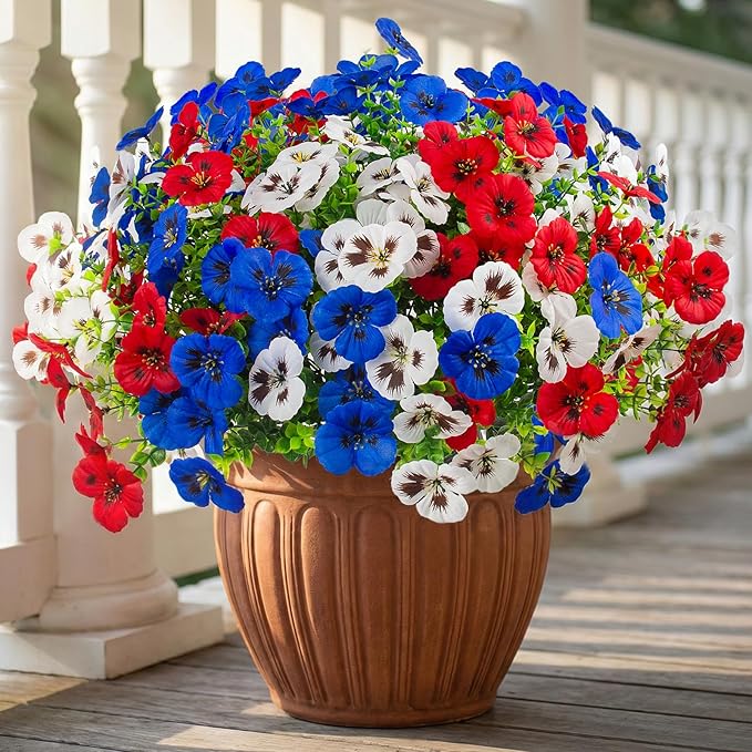 36 Pcs Artificial Fake Pansy Flowers for Outdoor, UV Resistant Faux Silk Pansies Patriotic Flowers for Outside for Planter Front Door Porch Patio Window 4th of July Home Decor(36, Red, White, Blue)