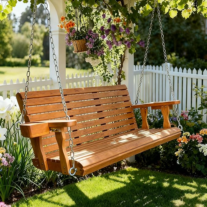 Wooden Porch Swing 3-Seater, Bench Swing with Cupholders, Hanging Chains and 7mm Springs, Heavy Duty 800 LBS, for Outdoor Patio Garden (Warm Teak Color, 5 FT Extra Large)