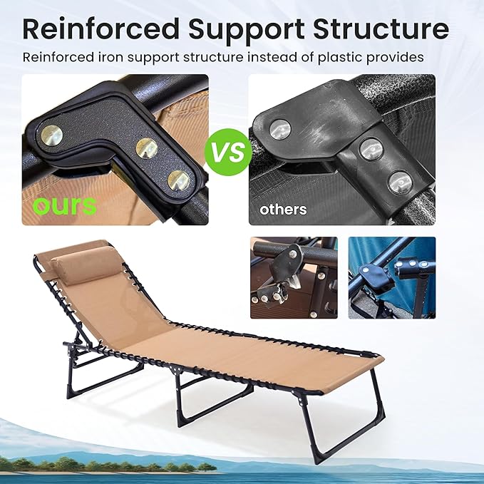 Folding Chaise Lounge Chair - 400lb Capacity, 5-Position Adjustable Recliner with Pillow | Portable for Patio, Pool, Camping & Sunbathing (Beige)