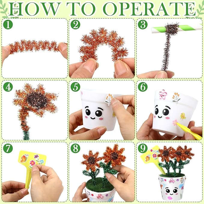 Funnymoom 36 Pcs Garden Plastic Paintable Flower Pot Craft Kit DIY Painting Flower Pots with Watercolor Stickers Pipe Cleaners Growing Kits for Home Spring Summer Mother's Day Fun Activity (Cute)