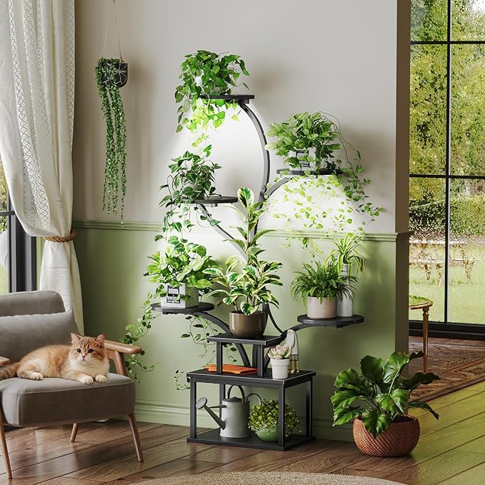 PRAISUN 51 Inch Plant Stand with Grow Lights, 8 Tiered Indoor Plant Shelf with Larger Flower Holder, Curved-tubed Design, 3 Light Modes, Corner Plant Rack for Living Room, Black