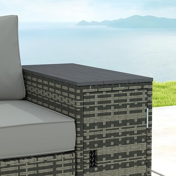 Outsunny 3 Seater Wicker Sofa with 2 Storage Side Tables and Thickened Cushions, Rattan Outdoor Patio Sofa with Wide Armrests, Wicker Outdoor Couch for Porch, Garden, Backyard, Gray