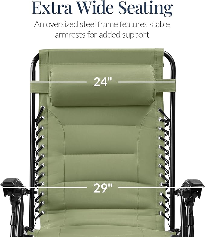 Best Choice Products Oversized Padded Zero Gravity Chair, Folding Outdoor Patio Recliner, XL Anti Gravity Lounger for Backyard w/Headrest, Cup Holder, Side Tray, Polyester Mesh - Sage Green