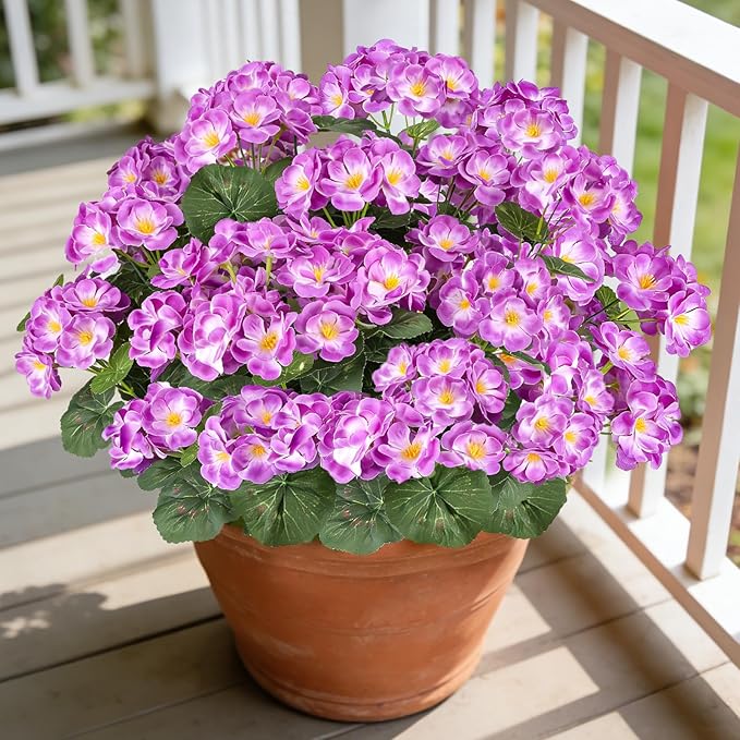 Artificial Geraniums Flowers for Outdoors, 6 Bundles Realistic Silk Fake Geranium, UV Resistant Faux Plants for Hanging Baskets, Window Boxes, Planters - Porch, Patio, Garden Decor(Purple)