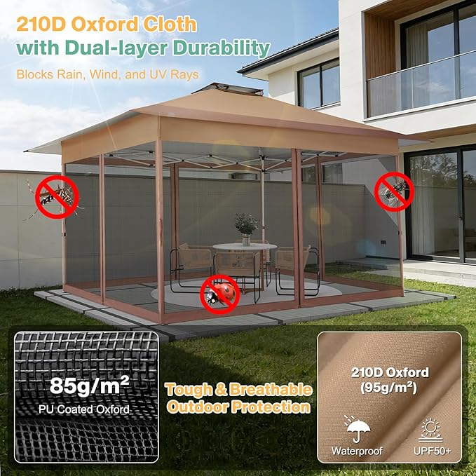 C0BIZI Gazebo 10x15 Pop up Canopy,Gazebos on Clearance-Canopy Tent with Mosquito Netting for Lawn,Garden,Backyard & Patio-Outdoor Tent-Water Resistant and UPF50+ (Brown)