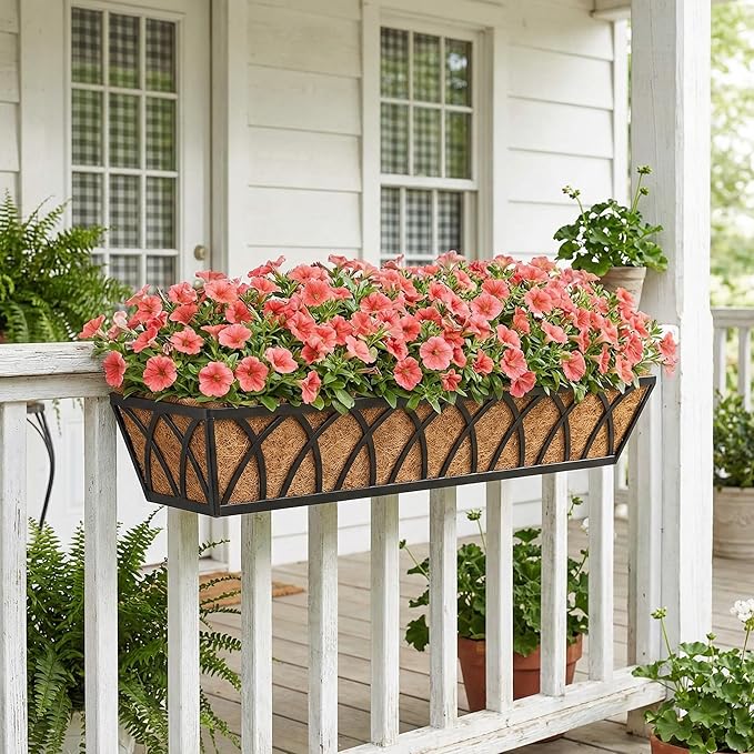 Y&M 30 Inch Window Deck with Coco Liner, Fence Metal Hanging Flower Planter Basket Deck Railing Planter Boxes for Outdoor Garden Lawn, 30" Window Boxes Horse Trough with Coconut Coir Liner,4pcs