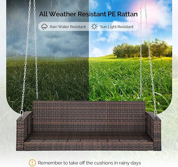 VINGLI Heavy Duty 800 LBS Wicker Hanging Porch Swing with Cushions & Chains, 5FT Outdoor Rattan Swing Bench for Garden, Yard, Lawn (Brown)