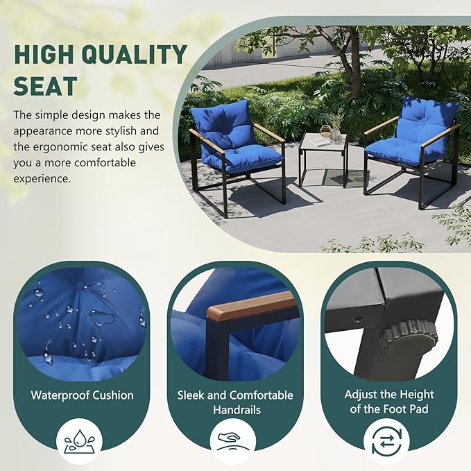 Outdoor Wicker Patio Furniture Set, Rattan Sectional Sofa Set with Thick Cushions (Blue, 3 Piece Conversation Set)